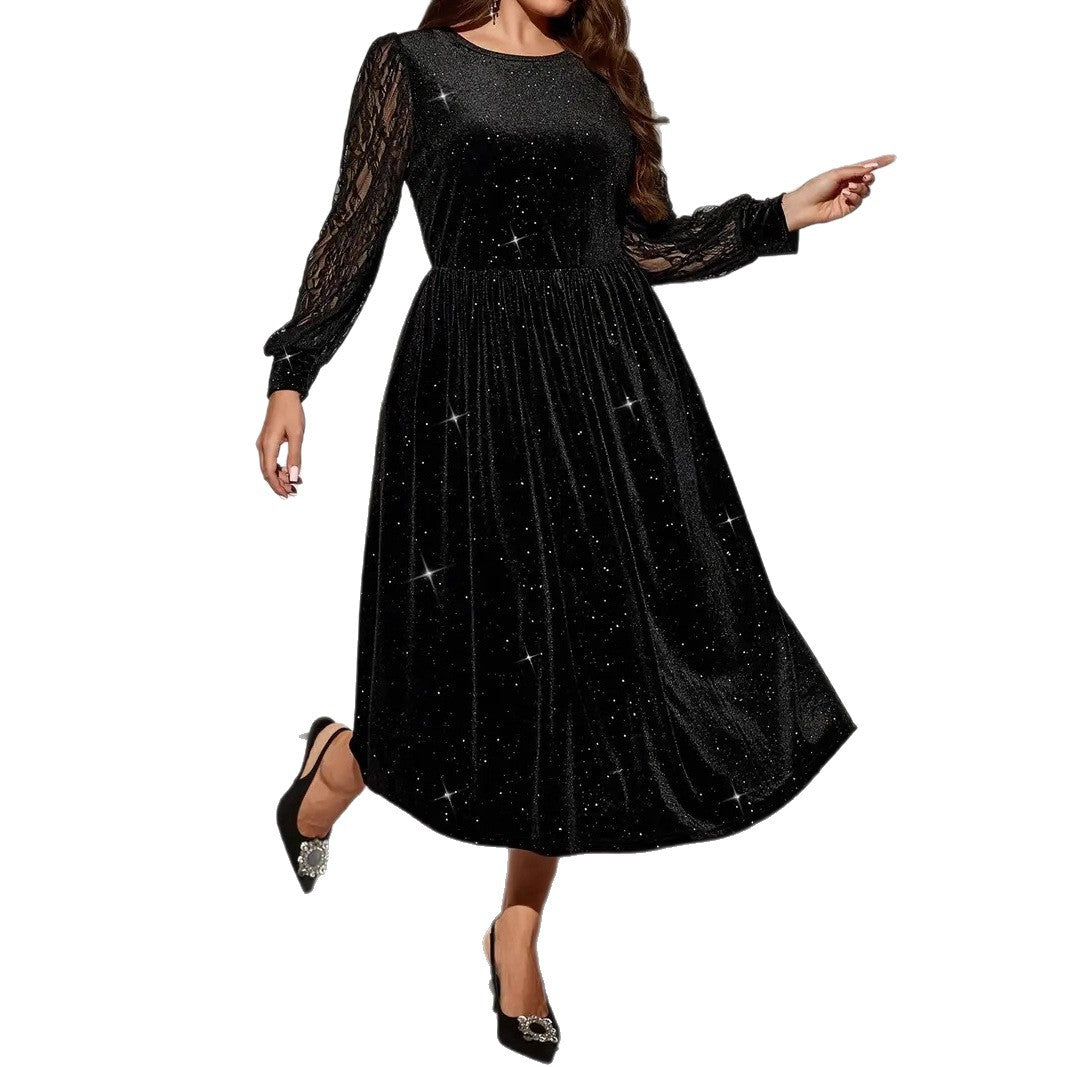Velvet Dress with Lace Splicing Long SleeveWomen's Fashion Dress