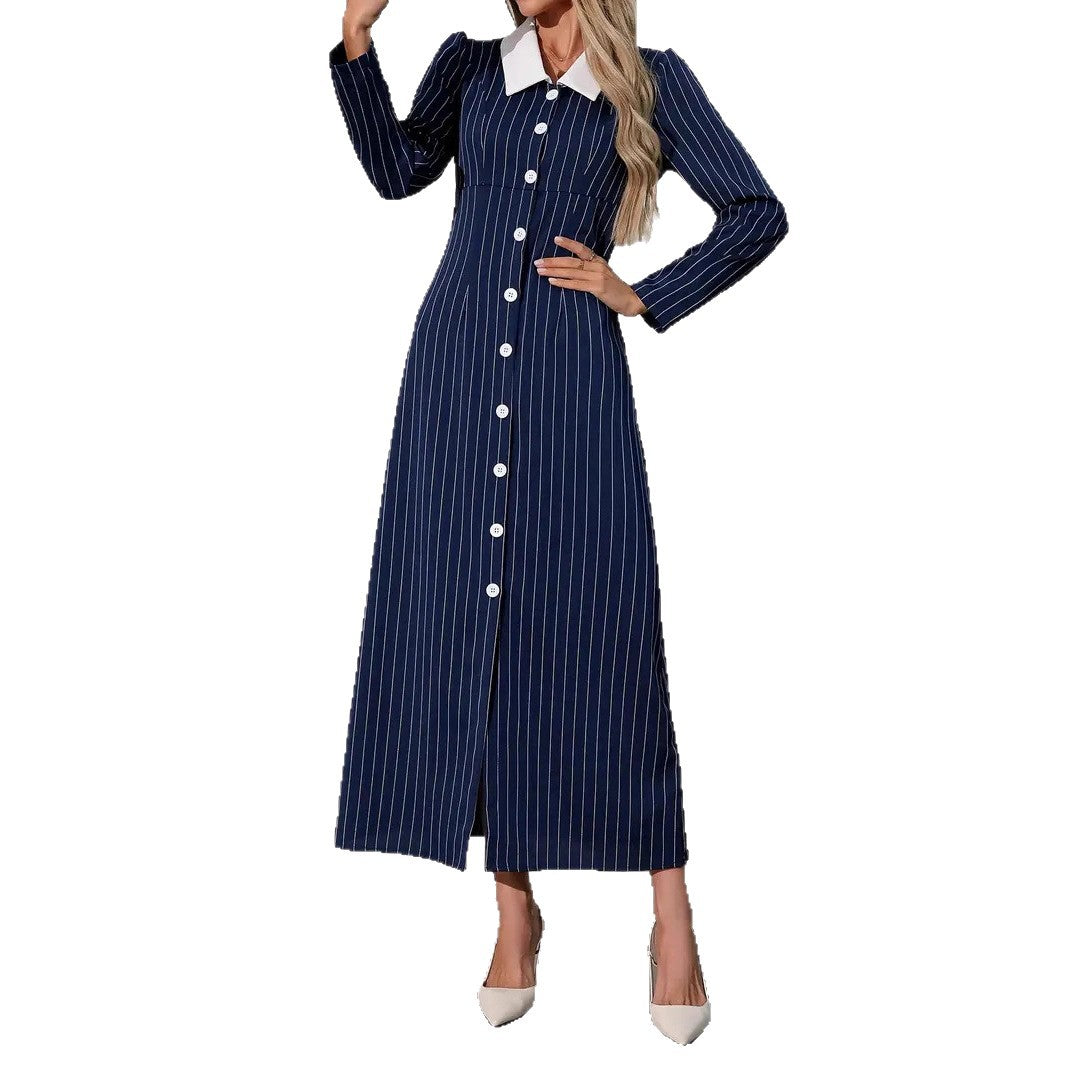 Striped Print Short Sleeve Buttoned Front Turn-down Collar A-line Dress