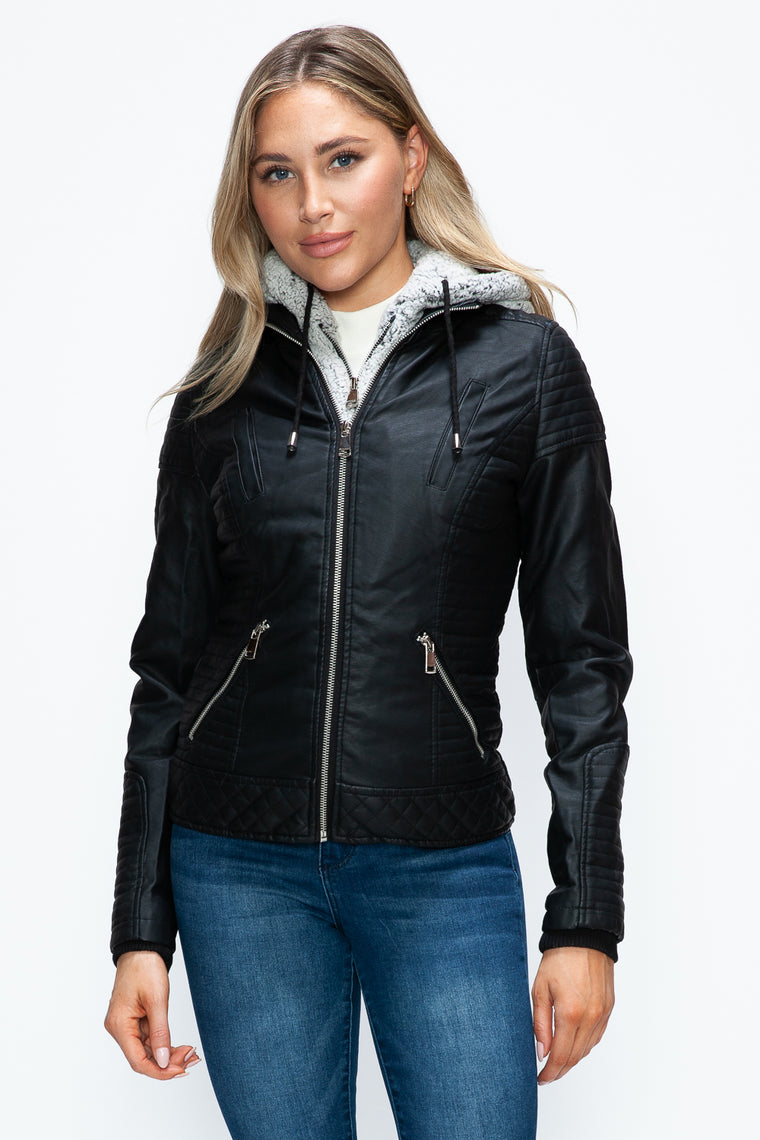 YMI Faux Layered Double-Zipper Jacket with Fuzzy Hood