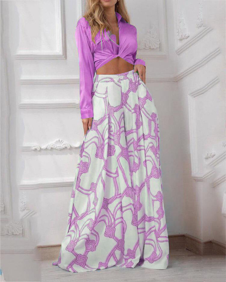 Beauty Dress New Printed Casual Suit Lapel Sexy Lace-Up Shirt High Waist Wide Leg Pants Two Piece Set - Dash Trend