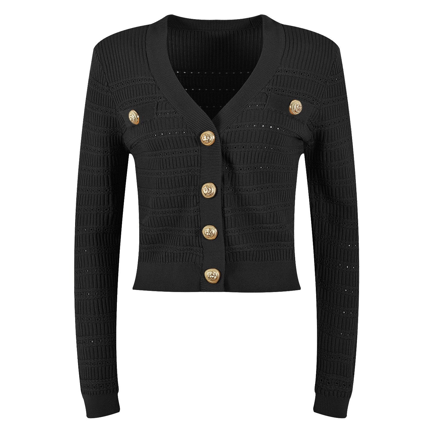 Spring New In Knitwears 2023 Luxury Designer Gold Buttons V-neck Long Sleeve Knitted Sweater Women Casual White Black Cardigans - Dash Trend