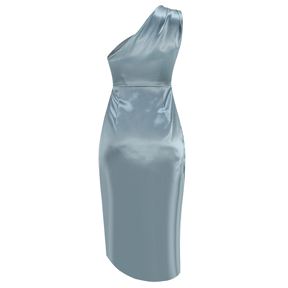 New Oblique Shoulder Waist Pleated Satin Nightclub Sexy Elegant Irregular Dress - Dash Trend
