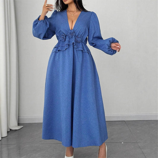 Fashionable V-Neck Floral Maxi Dress with Waist Cinching, Plus Size Women's Long Dress