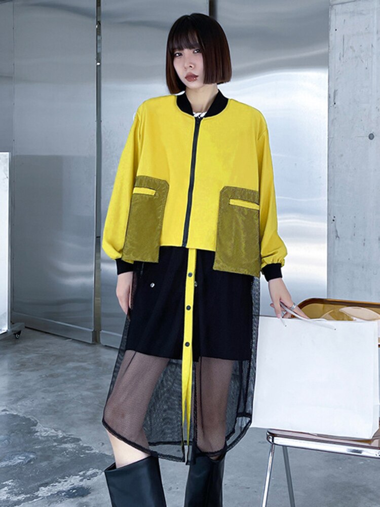 [EAM] Loose Fit Yellow Hem Mesh Big Size Jacket New Stand Collar Long Sleeve Women Coat Fashion Tide Spring Autumn  1DE1813