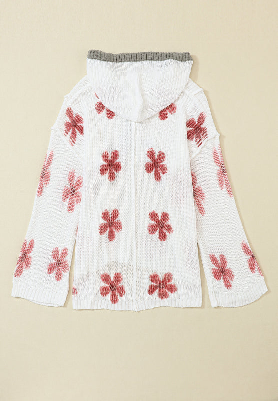 Drawstring Flower Hooded Knit Top