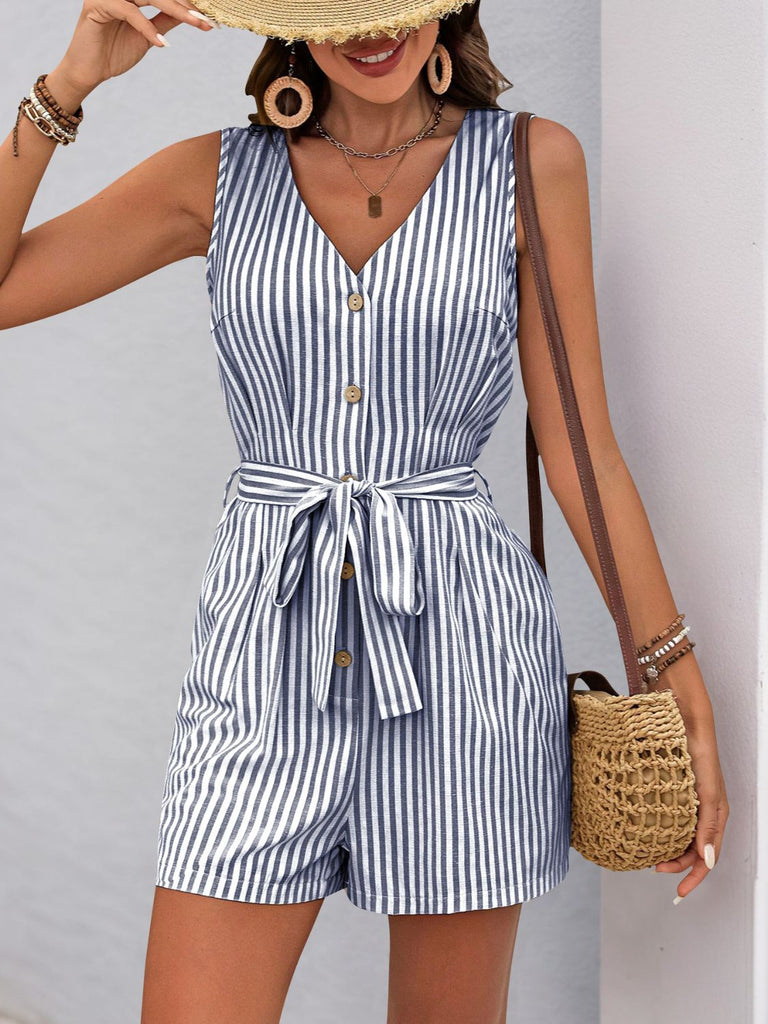 Perfee Striped V-Neck Tie Waist Romper