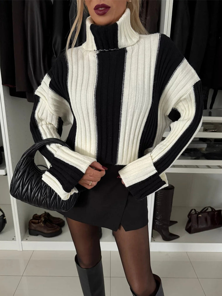 Striped Turtleneck Dropped Shoulder Sweater