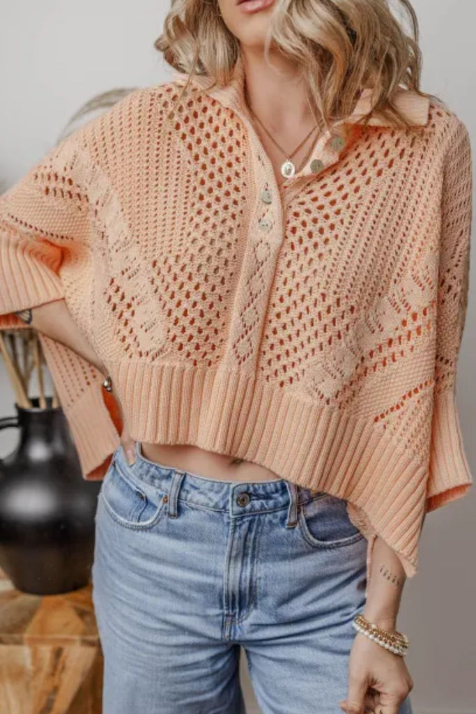 Cutout Collared Neck Three-Quarter Sleeve Sweater