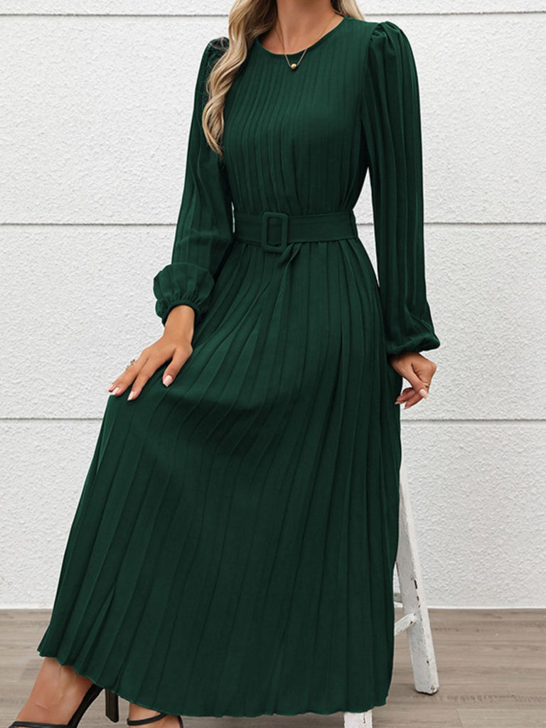 Perfee Pleated Round Neck Long Sleeve Midi Dress