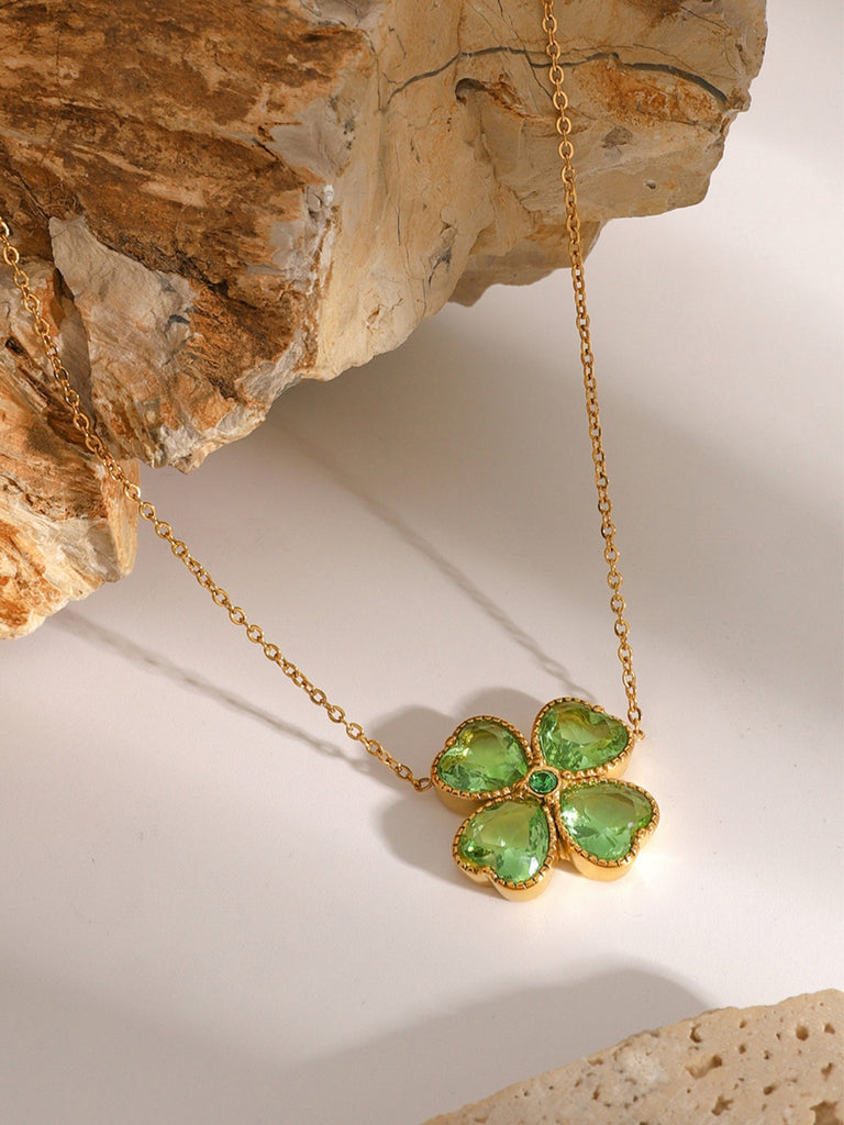 Stainless Steel Zircon Lucky Clover Pendant Necklace