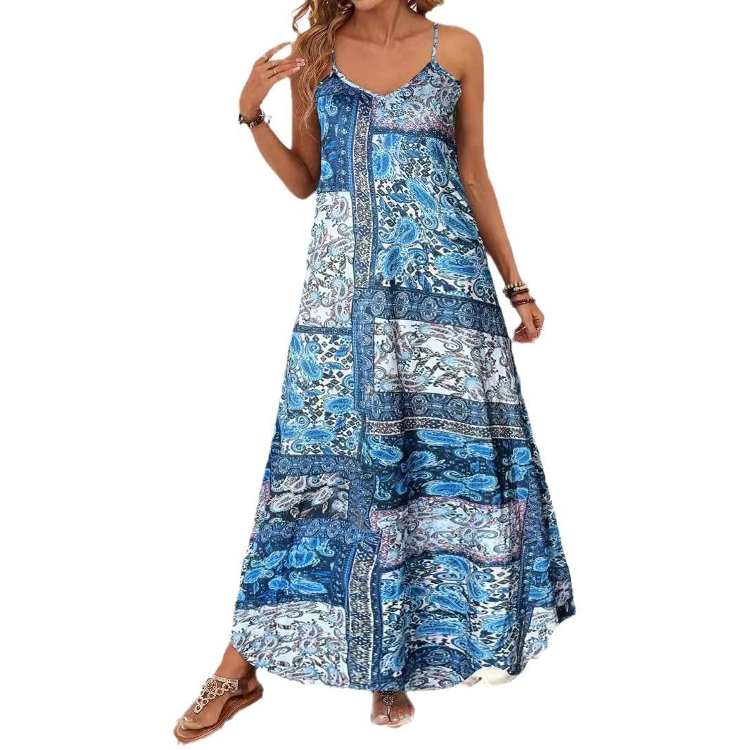 Spring Summer Women's Vacation Style Printed Casual V-Neck Strap Loose Dress