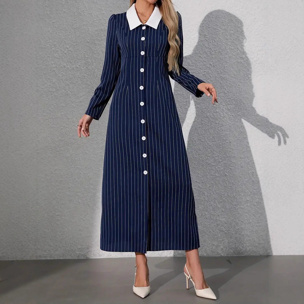Striped Print Short Sleeve Buttoned Front Turn-down Collar A-line Dress