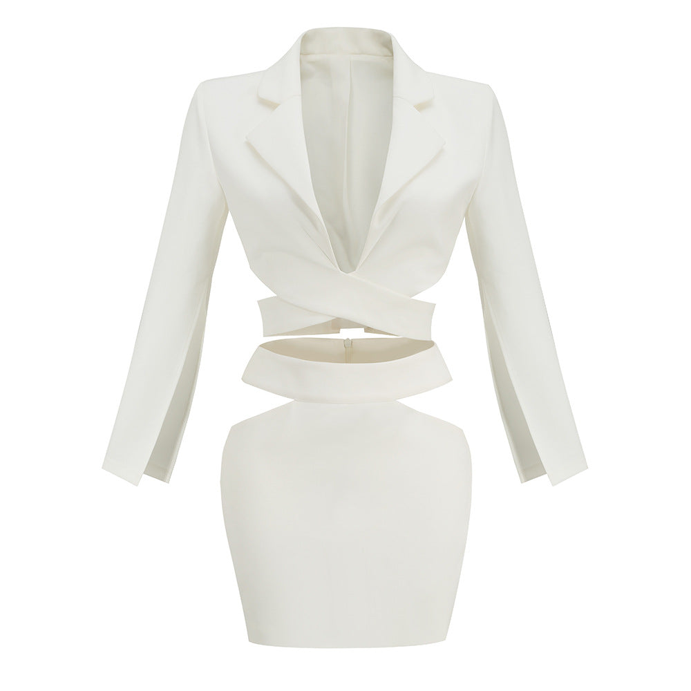 Women's White Long Sleeved V Neck Small Suit Jacket Short Skirt Two Piece Autumn New Style - Dash Trend