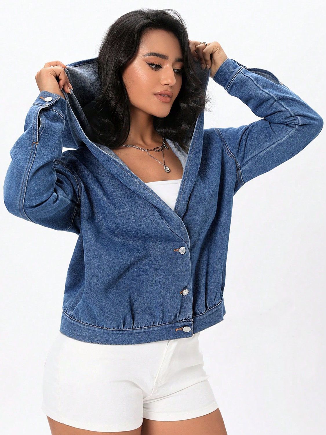 Button Up Hooded Denim Top