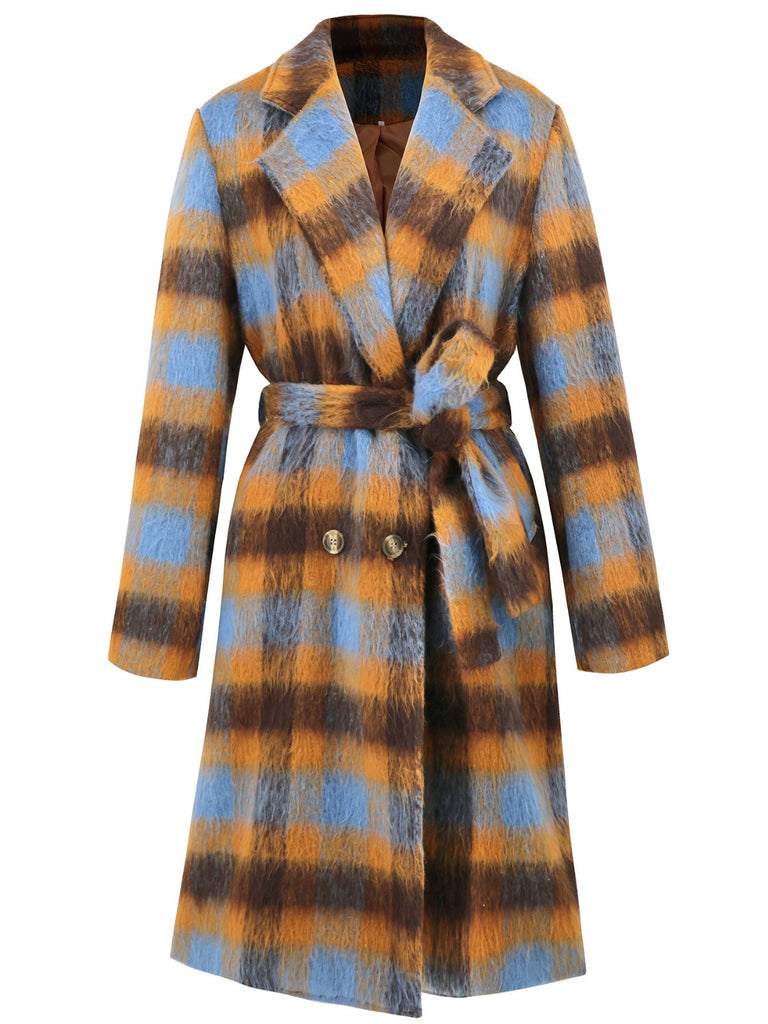 Tied Plaid Collared Neck Coat