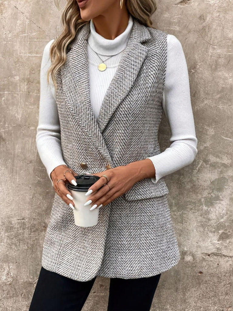 Decorative Pocket Flap Collared Neck Vest Coat