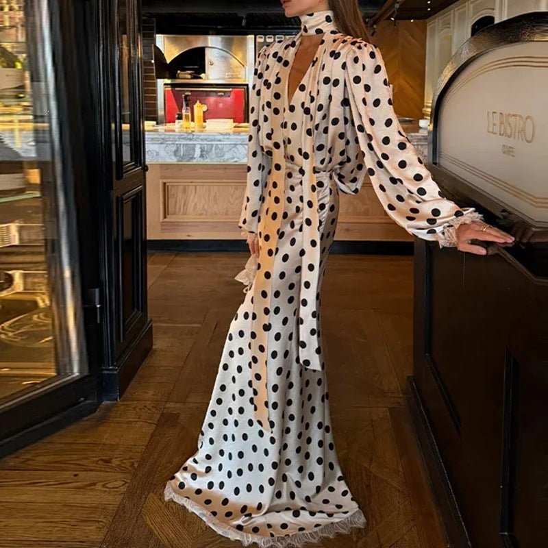 Vintage Polka Dot Puff Sleeve Fitted Long Dress Women's Fashion Spring Style