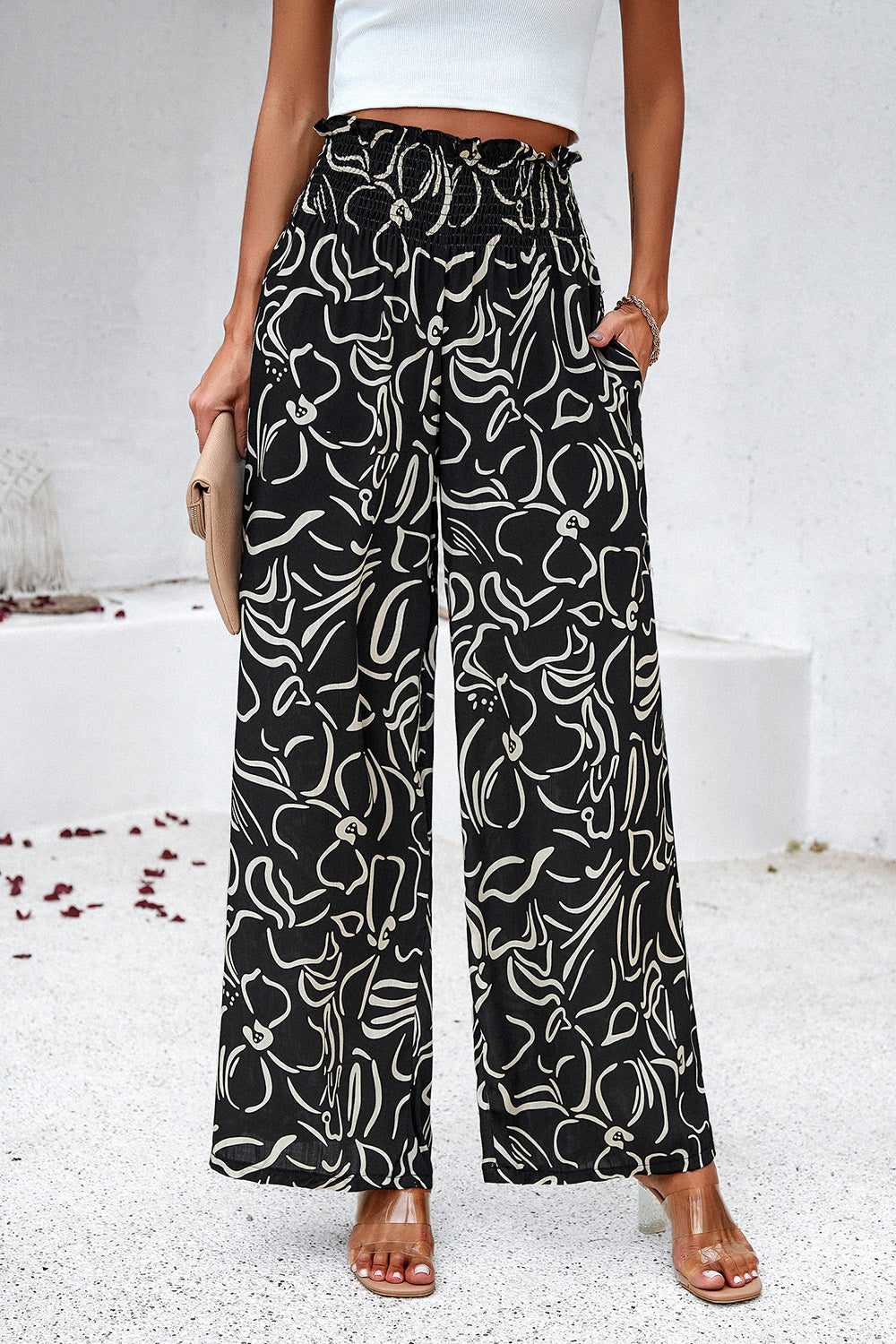 Smocked Printed Wide Leg Pants with Pockets