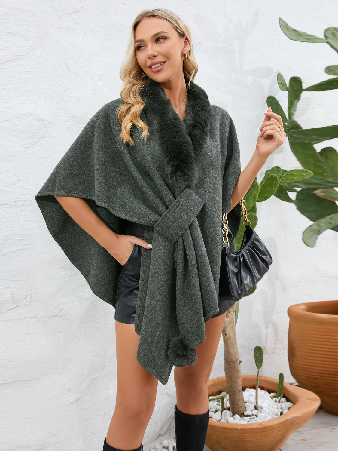 Fuzzy Trim Open Front Poncho