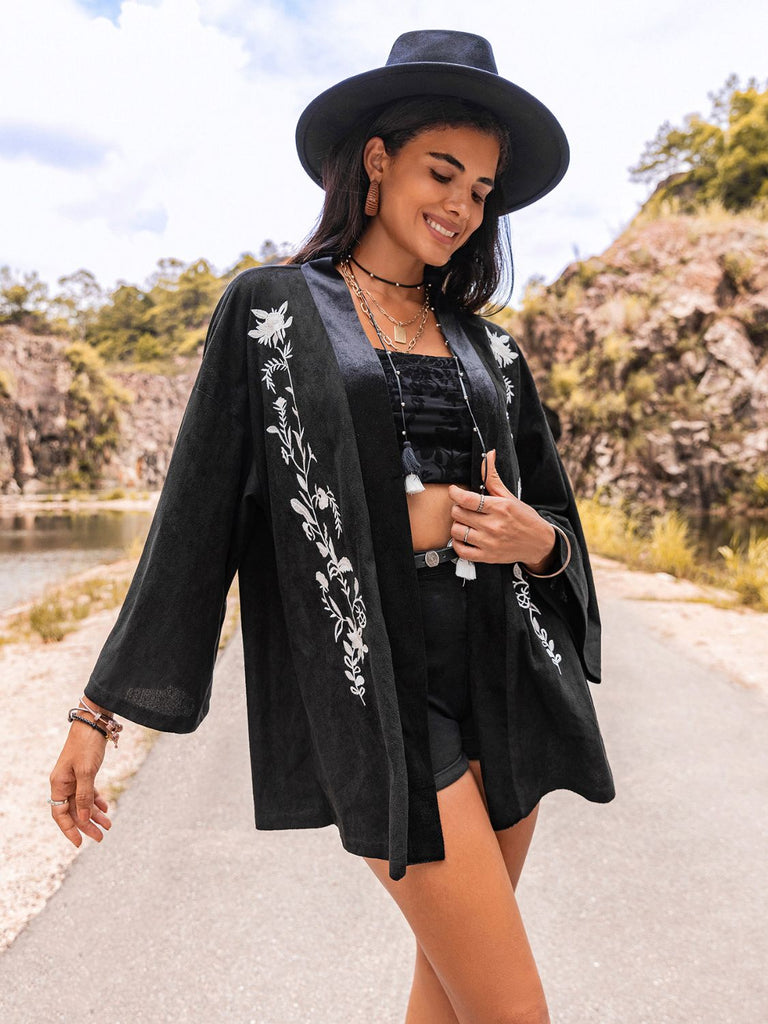 Embroidered Open Front Long Sleeve Cardigan