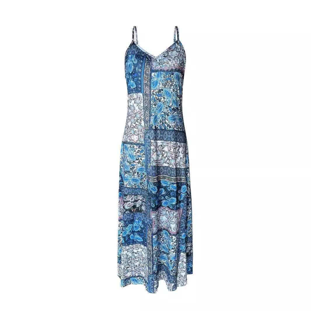 Spring Summer Women's Vacation Style Printed Casual V-Neck Strap Loose Dress