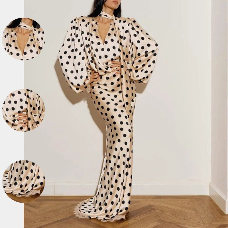 Vintage Polka Dot Puff Sleeve Fitted Long Dress Women's Fashion Spring Style