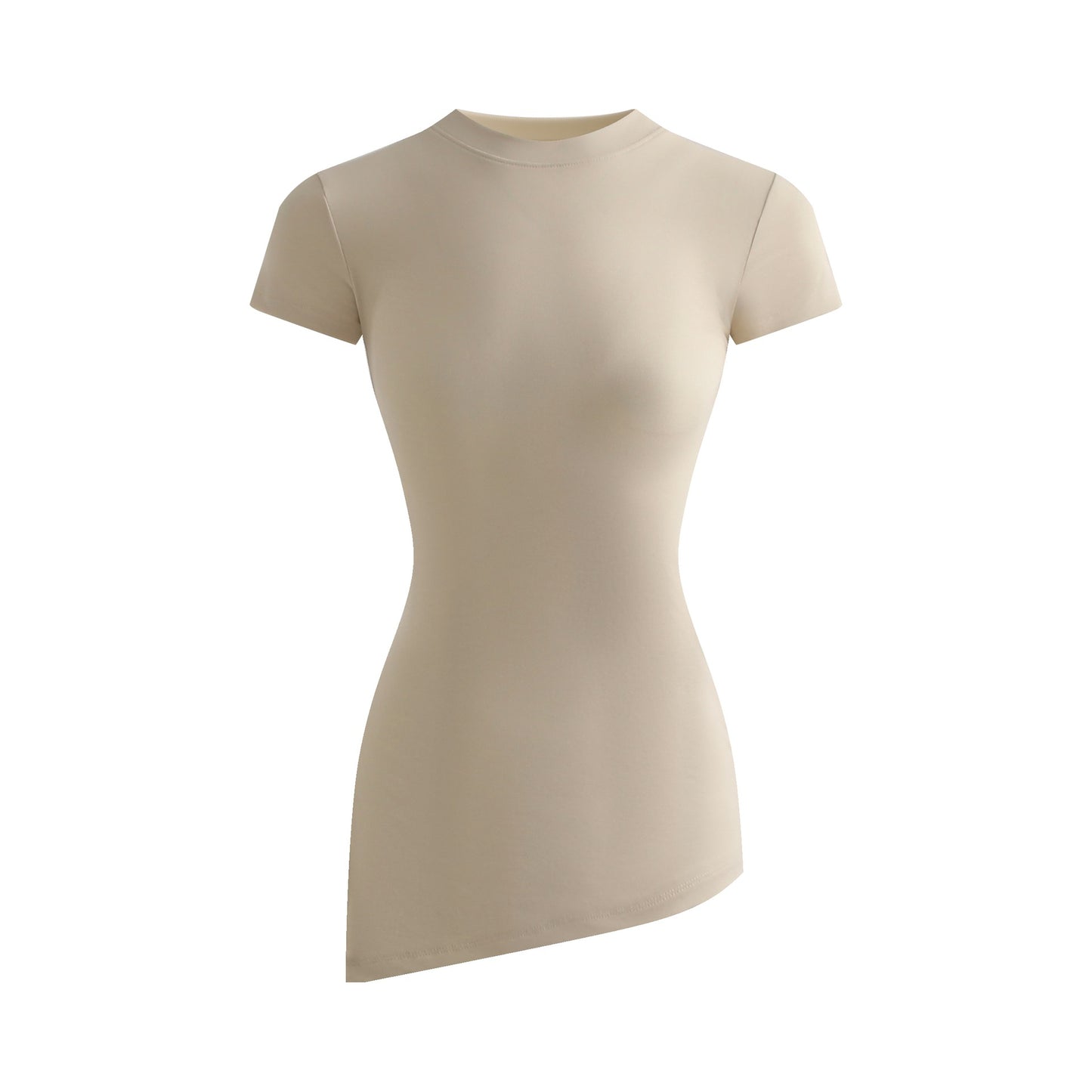 Slim-Fitting Versatile Knit Stretchy Fitted Slimming Short Sleeve Side-Slit Pleated Round Neck T-Shirt for Women
