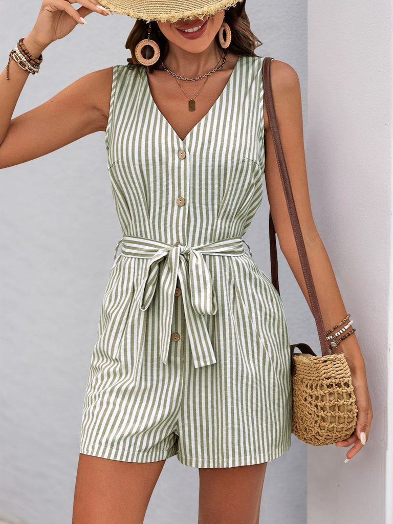 Perfee Striped V-Neck Tie Waist Romper