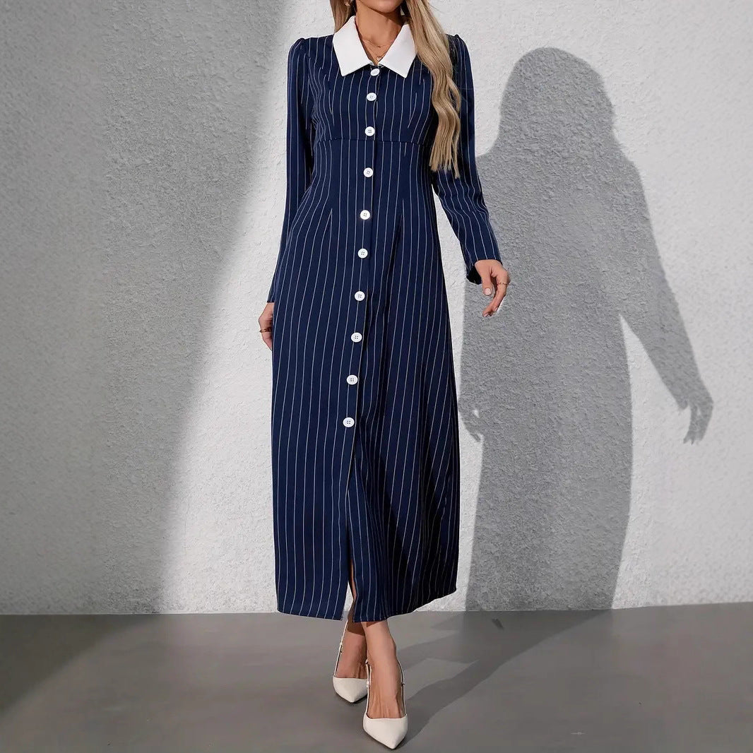 Striped Print Short Sleeve Buttoned Front Turn-down Collar A-line Dress