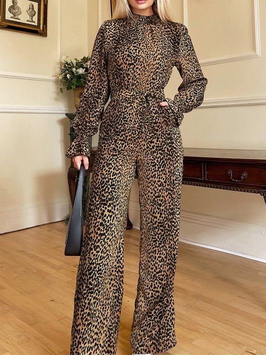 Leopard Flounce Sleeve Wide Leg Jumpsuit