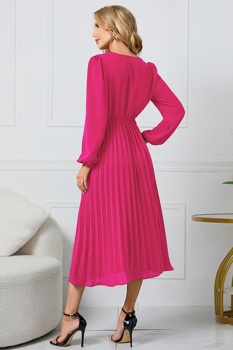 V-Neck Long Sleeve Tie Waist Midi Dress