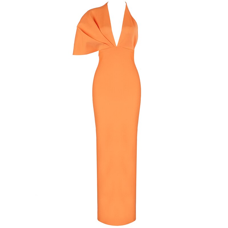Women Luxury Sexy Short Sleeve V Neck Orange Maxi Long Bandage Dress 2023 Designer Fashion Evening Party Dress Club Vestido - Dash Trend
