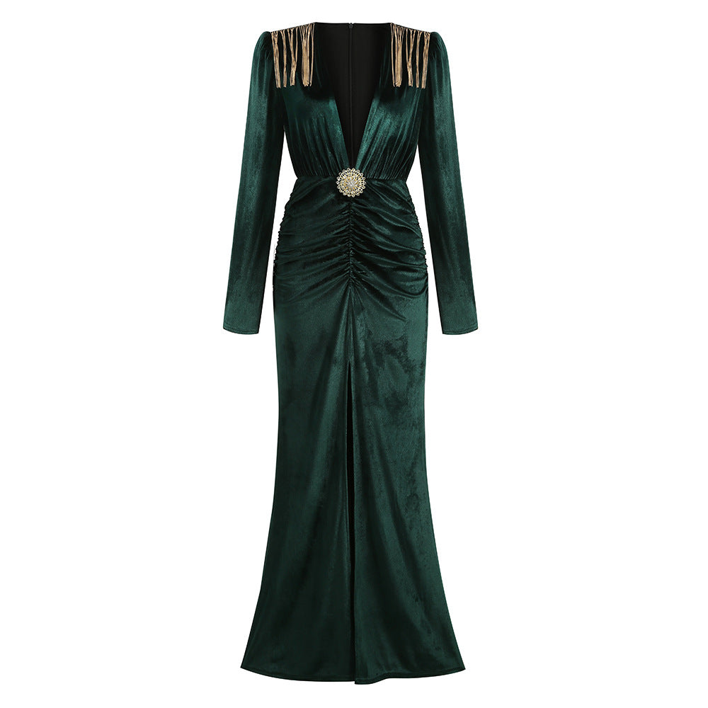 New Flannel Fashion Elegant Dress Women's Metal Fringe Long Evening Dress - Dash Trend