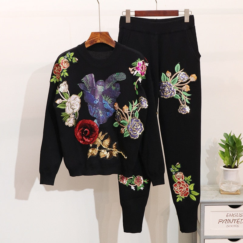 Autumn winter 2 piece set women Embroidery sequin knitted set sweater + trousers pants set Women two piece set fashion tracksuit - Dash Trend