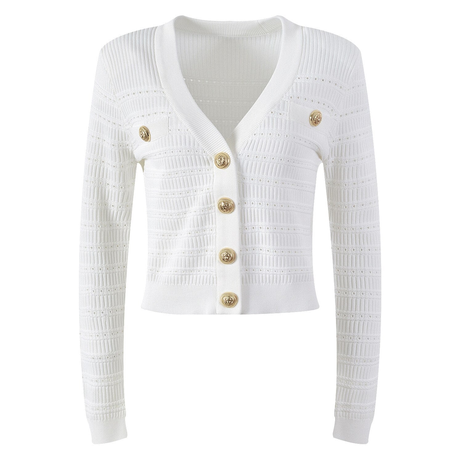 Spring New In Knitwears 2023 Luxury Designer Gold Buttons V-neck Long Sleeve Knitted Sweater Women Casual White Black Cardigans - Dash Trend