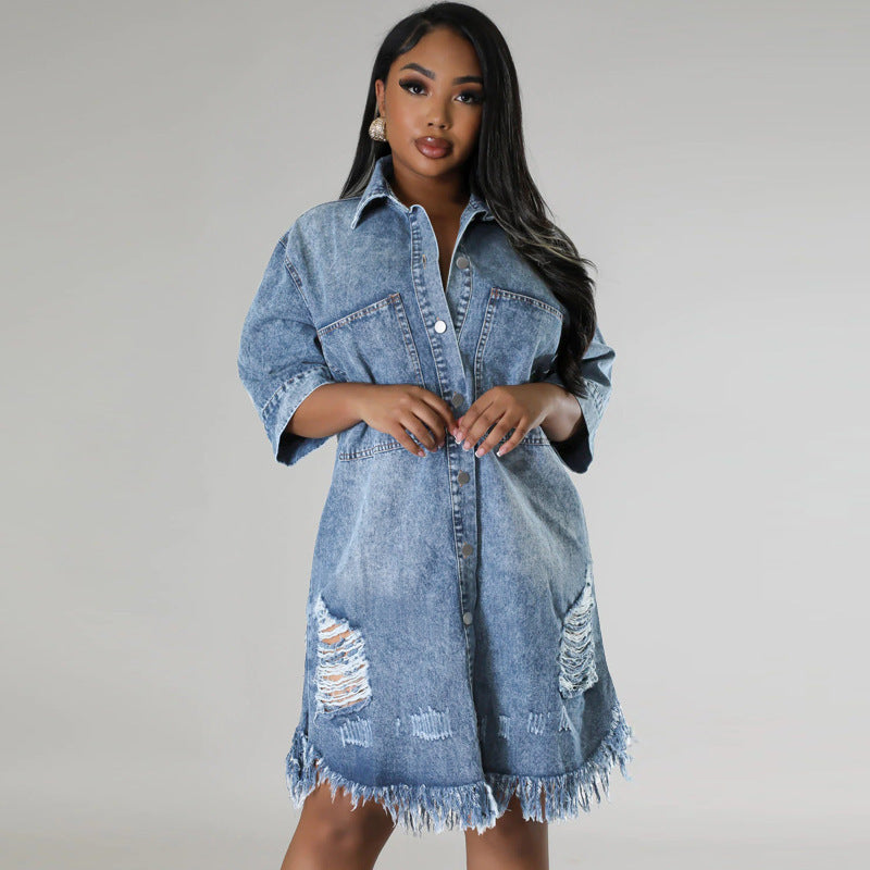 Fashionable Denim Jacket for Women with Ripped Fringe Short Sleeve Turn-Down Collar