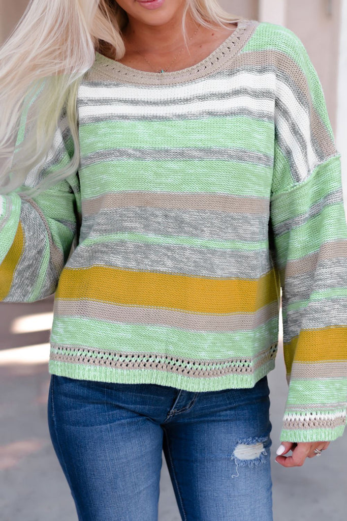 Contrast Striped Boat Neck Dropped Shoulder Sweater