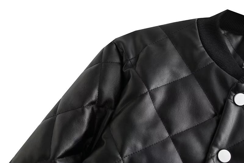Autumn Fashion Casual Round Neck Single breasted Black PU Jacket Dress Set