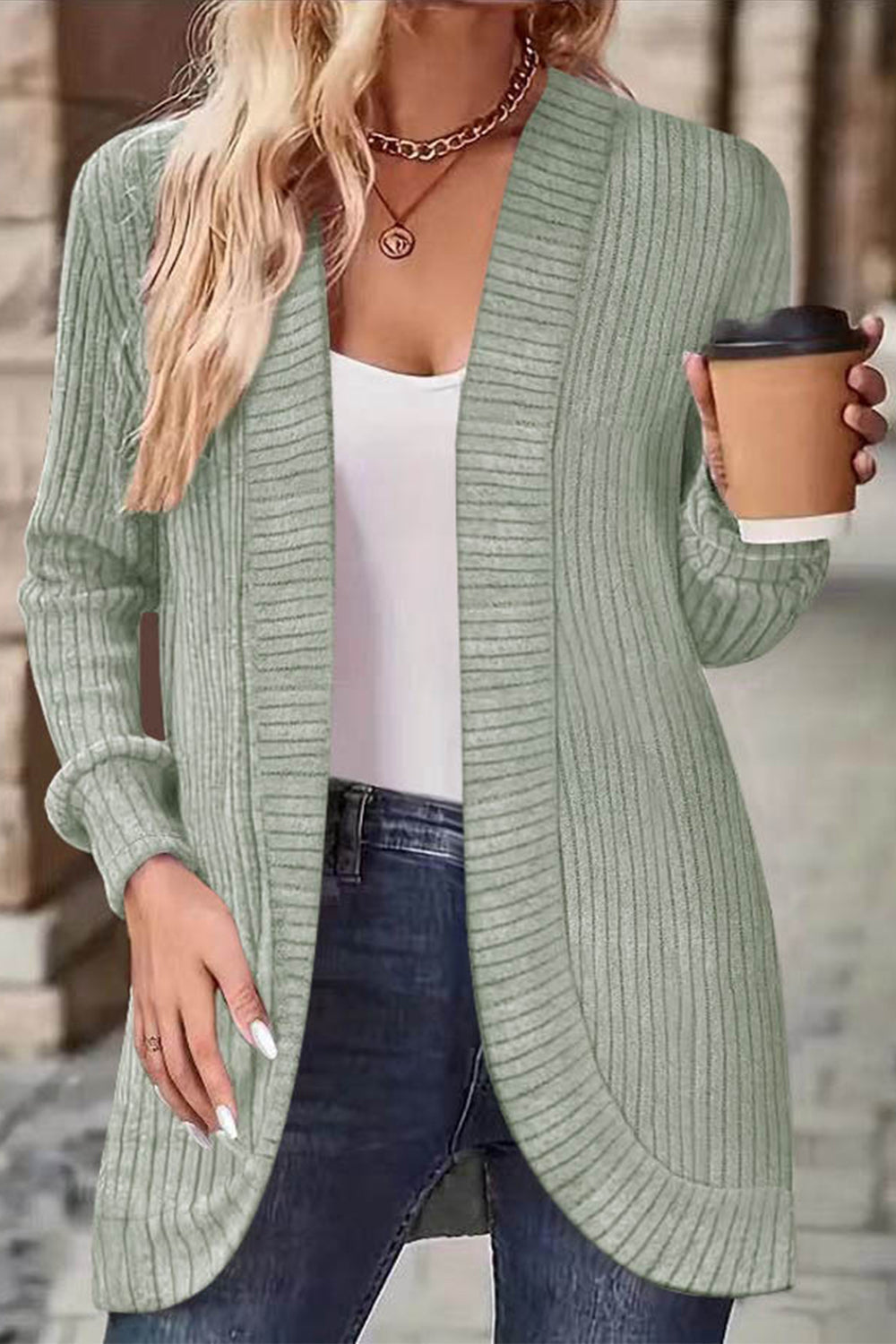 Ribbed Open Front Long Sleeve Cardigan