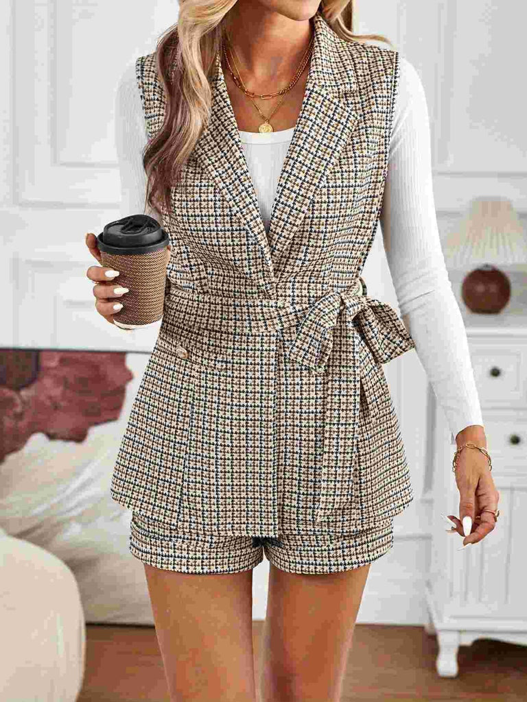 Tied Plaid Collared Neck Vest and Shorts Set