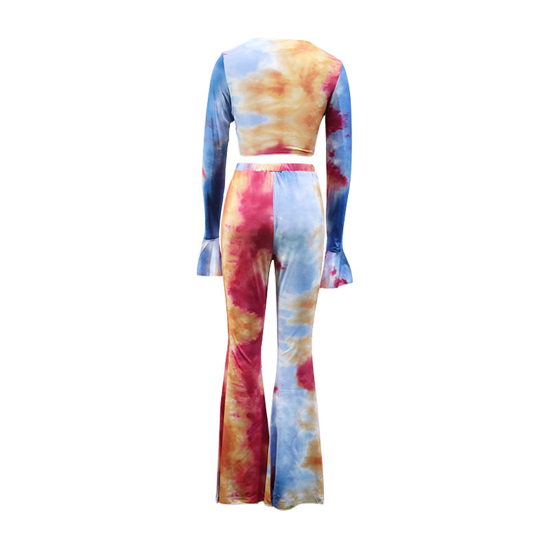 Autumn And Winter Women's Fashion Tie Dye Casual Short Long Sleeved Trousers Two Piece Set - Dash Trend