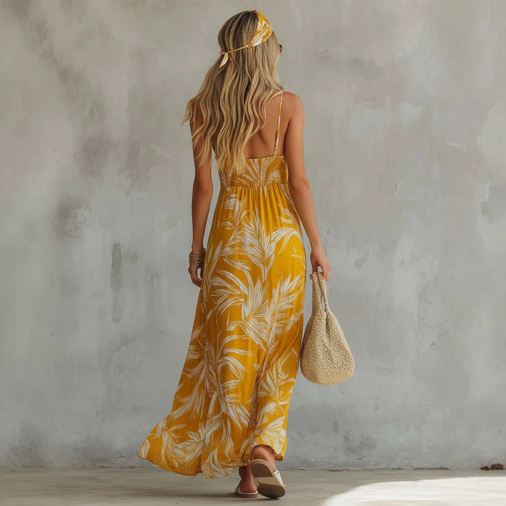 Summer New Vacation Style Printed V-Neck Strap Long Dress for Women Beach Dress