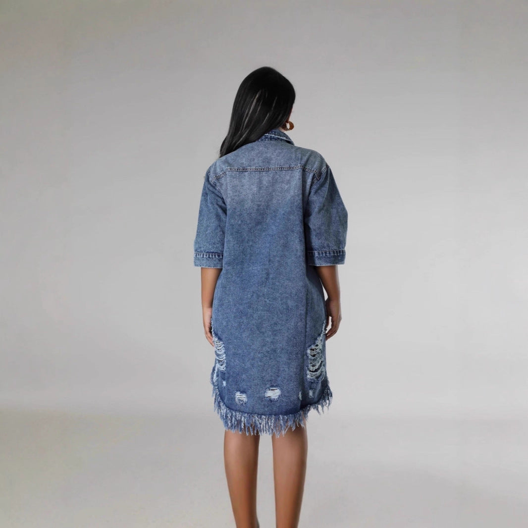 Fashionable Denim Jacket for Women with Ripped Fringe Short Sleeve Turn-Down Collar