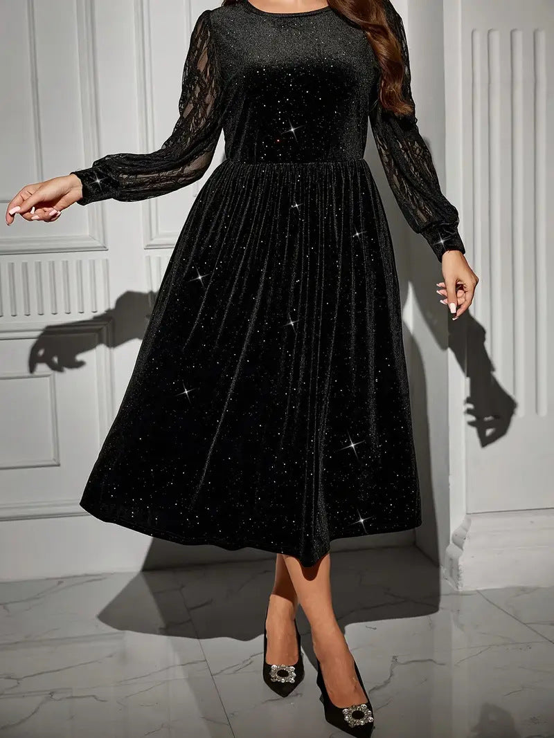 Velvet Dress with Lace Splicing Long SleeveWomen's Fashion Dress