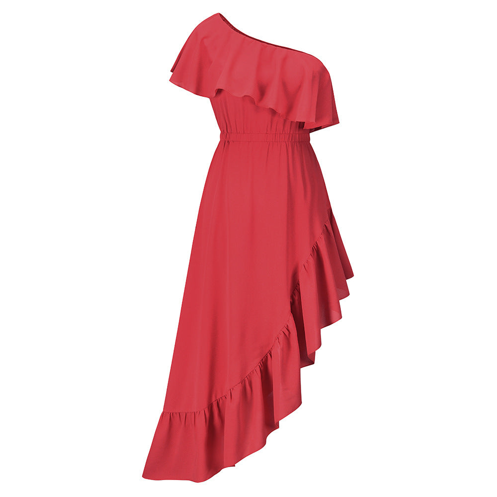 Sloping Shoulder Ruffle Dress Early Spring And Summer Slim Sexy French Retro Prom Long Skirt