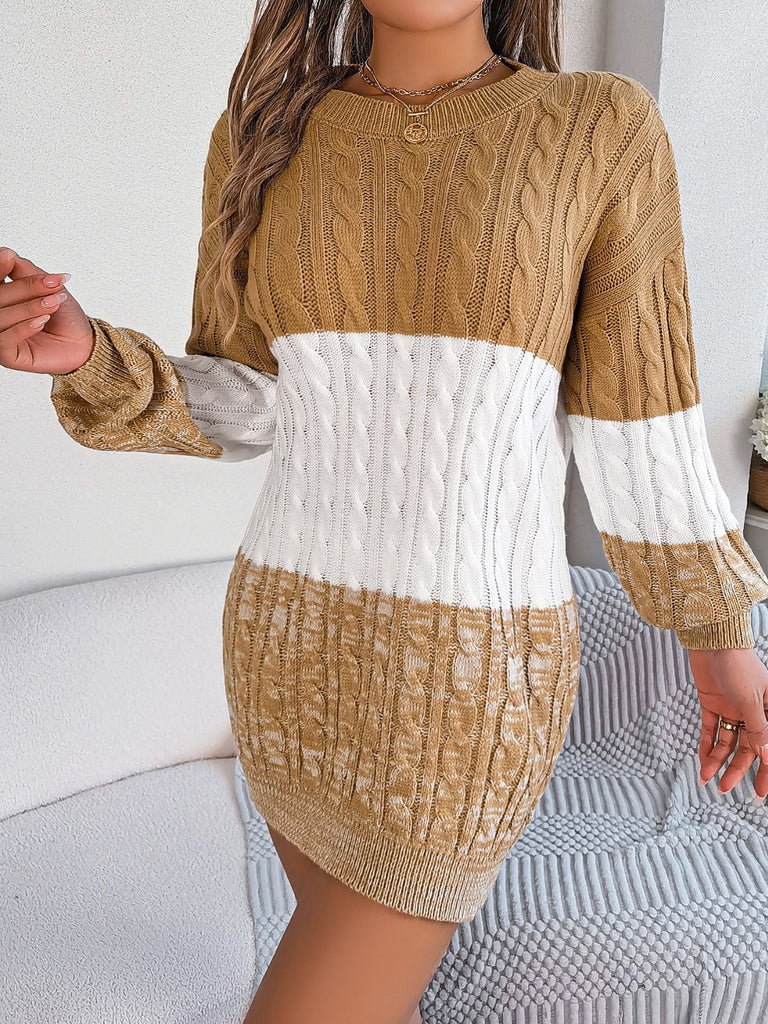 Cable-Knit Round Neck Color Block Sweater Dress - Dash Trend 