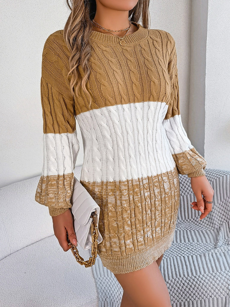 Cable-Knit Round Neck Color Block Sweater Dress - Dash Trend 