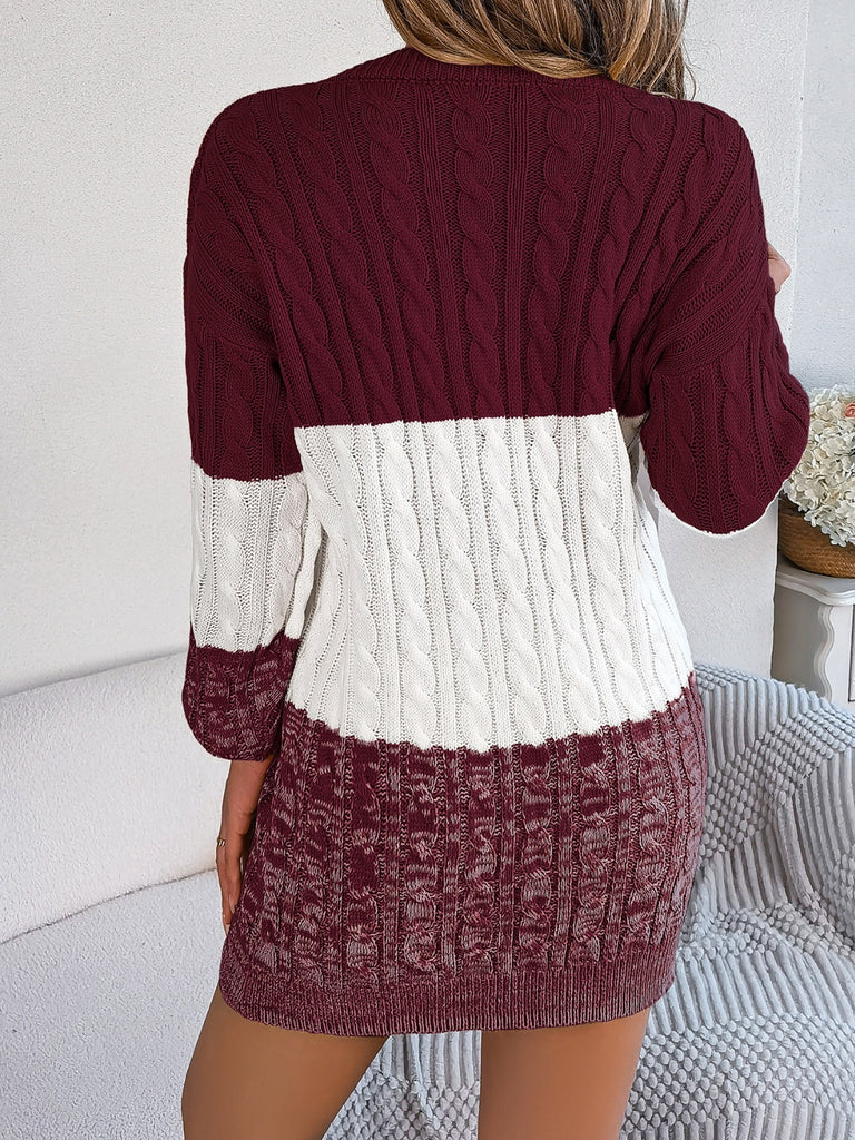 Cable-Knit Round Neck Color Block Sweater Dress - Dash Trend 