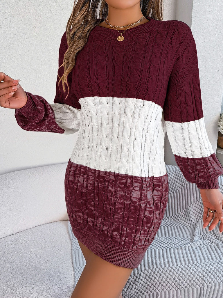 Cable-Knit Round Neck Color Block Sweater Dress - Dash Trend 