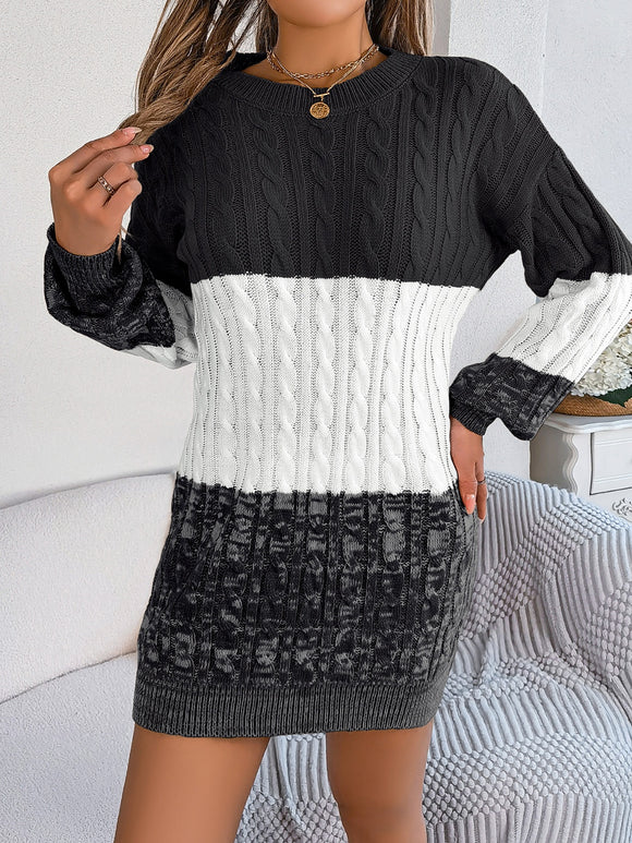 Cable-Knit Round Neck Color Block Sweater Dress - Dash Trend 